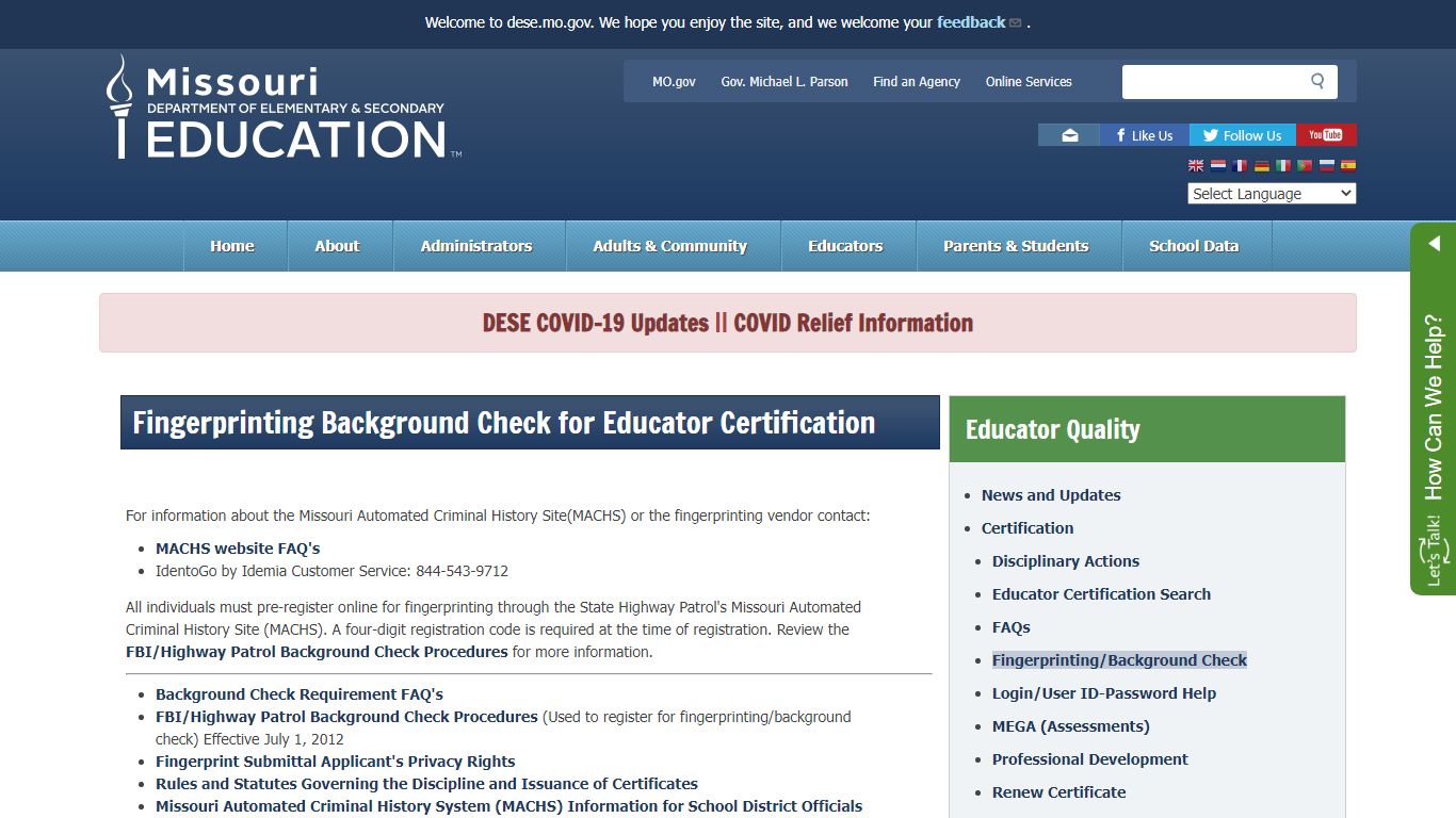 Fingerprinting Background Check for Educator Certification